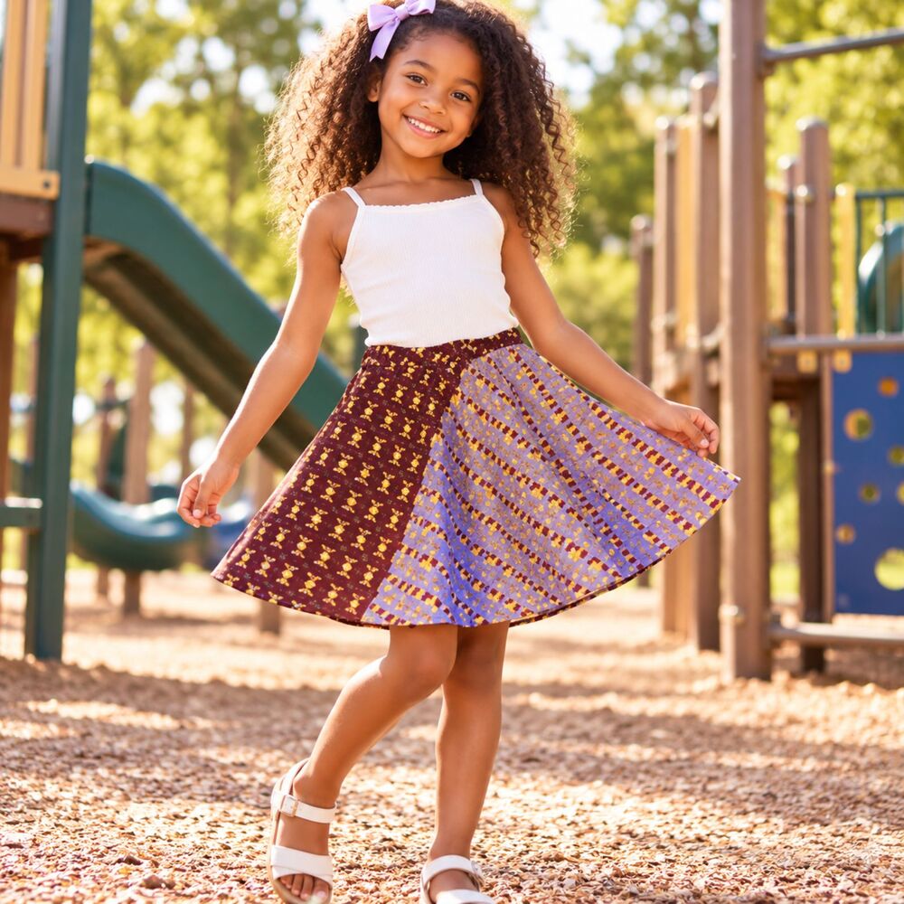 Girls African Print Skirt 5-6 Gold Glitter Purple Lined Pockets Ankara Style